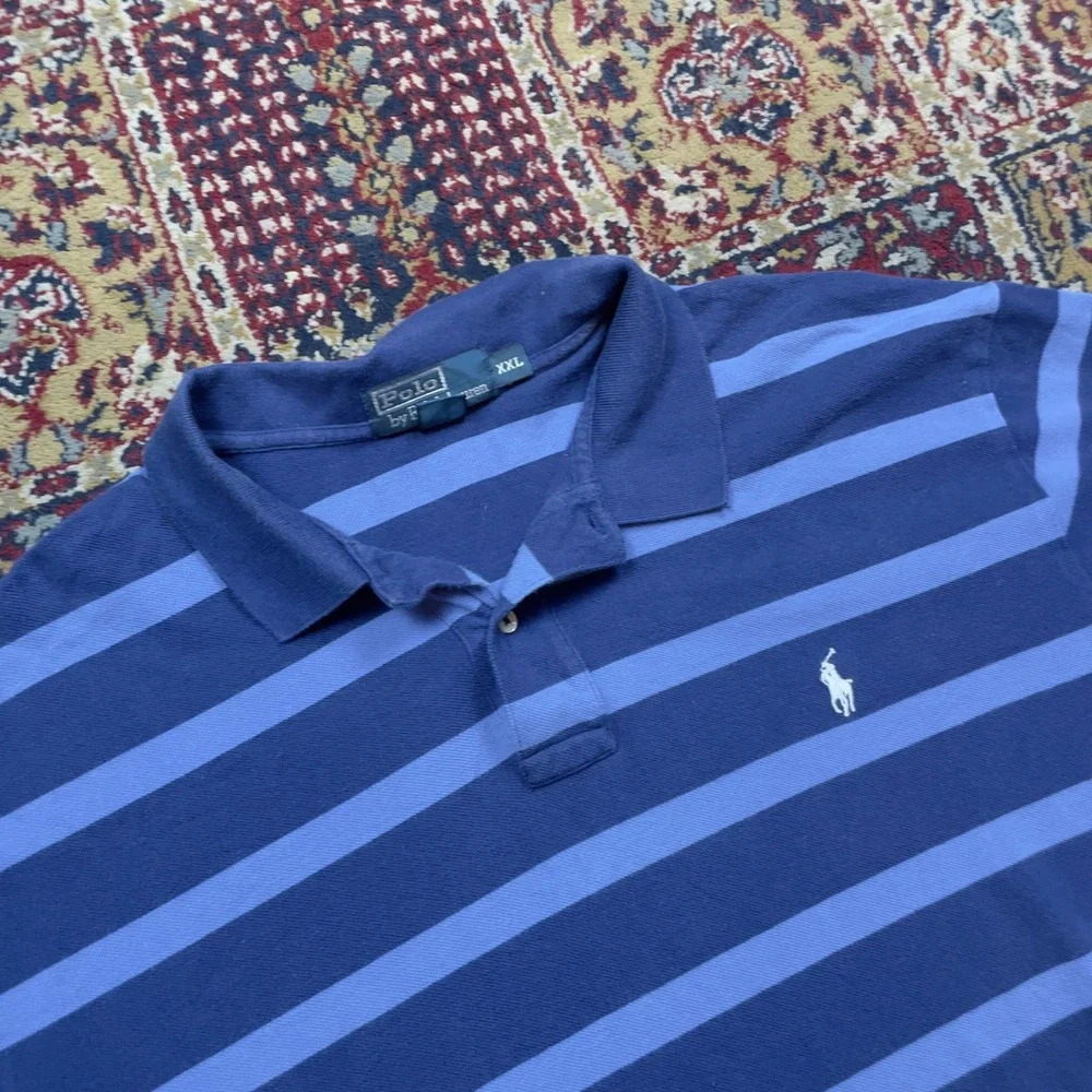VTG 90s Polo Ralph Lauren XXL Blue Striped Short Sleeve Cotton Polo Shirt Navy